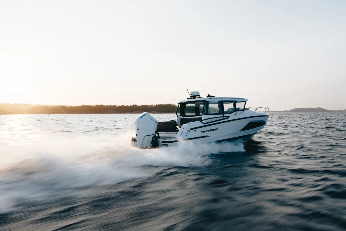 Exterior view of Sintaxion, a Nordkapp Coupe 905 motorboat at Glyfada, Greece