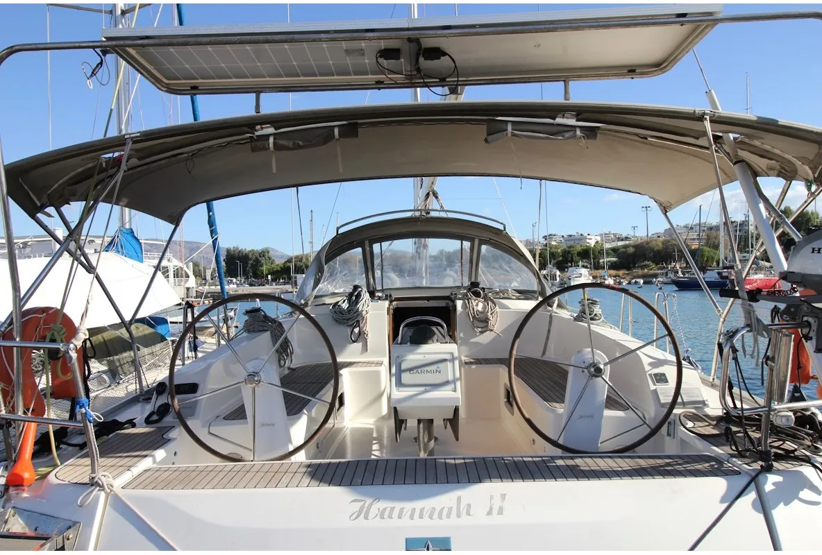 Cockpit of Hannah II, a Bavaria Cruiser 46 sailboat at Athens, Marina Delta Kallithea, Greece