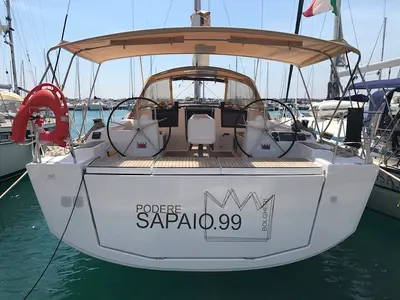 Cockpit of Podere Sapaio, a Dufour 460 GL sailboat at Cecina, Italy