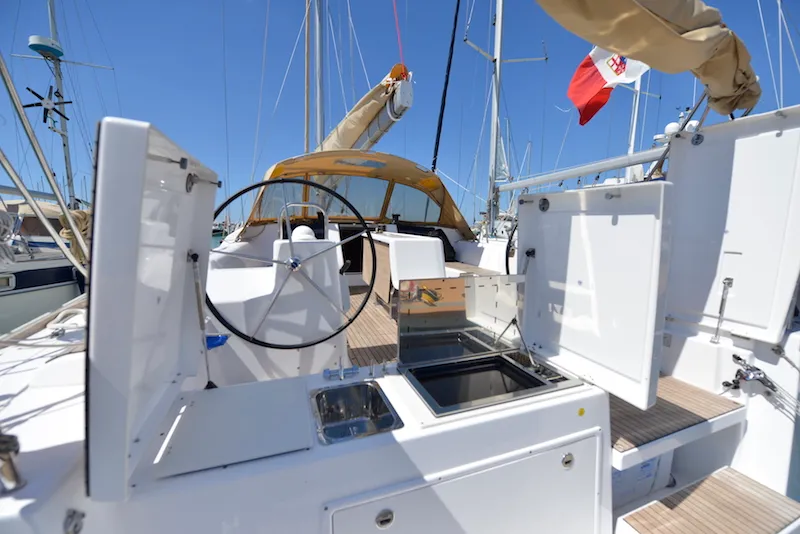 Cockpit of Podere Sapaio, a Dufour 460 GL sailboat at Cecina, Italy