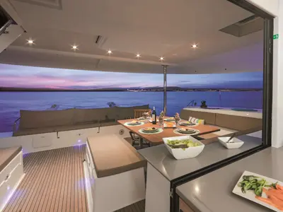 Deck of Princess Aphrodite, a Fountaine Pajot Saba 50 catamaran at Grad Trogir, Croatia