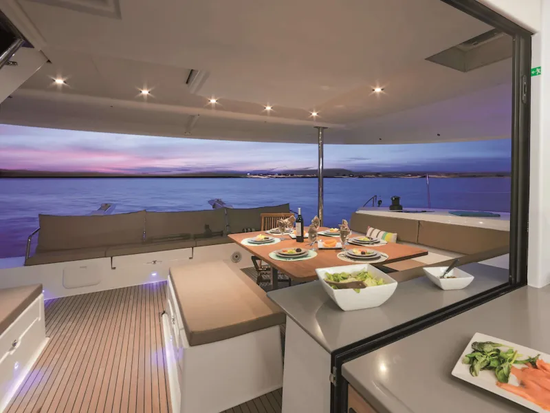 Deck of Princess Aphrodite, a Fountaine Pajot Saba 50 catamaran at Grad Trogir, Croatia