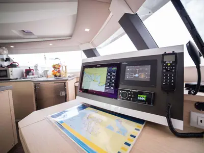 Cockpit of Princess Aphrodite, a Fountaine Pajot Saba 50 catamaran at Grad Trogir, Croatia