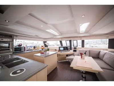 Salon of Princess Aphrodite, a Fountaine Pajot Saba 50 catamaran at Grad Trogir, Croatia