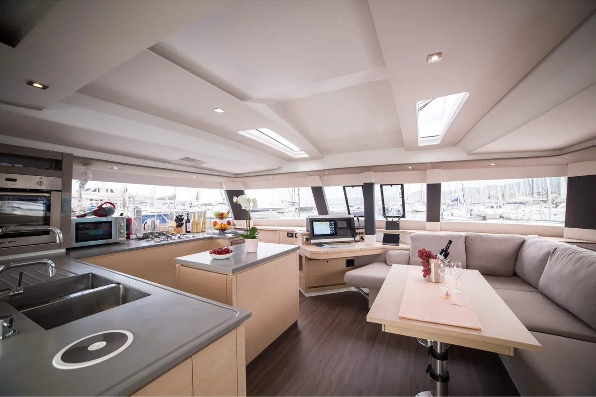Salon of Princess Aphrodite, a Fountaine Pajot Saba 50 catamaran at Grad Trogir, Croatia