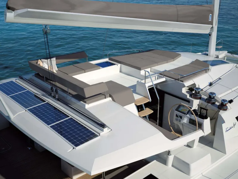 Cockpit of Princess Aphrodite, a Fountaine Pajot Saba 50 catamaran at Grad Trogir, Croatia