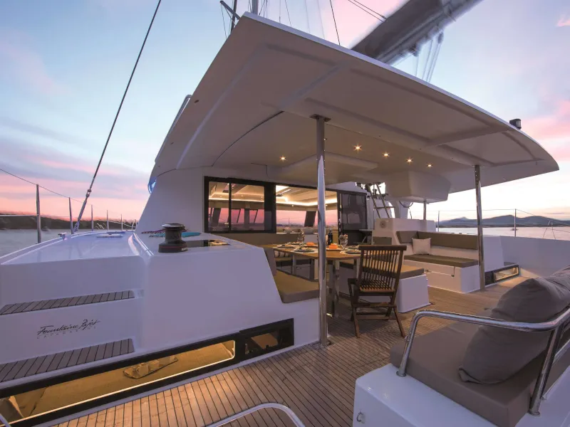 Deck of Princess Aphrodite, a Fountaine Pajot Saba 50 catamaran at Grad Trogir, Croatia
