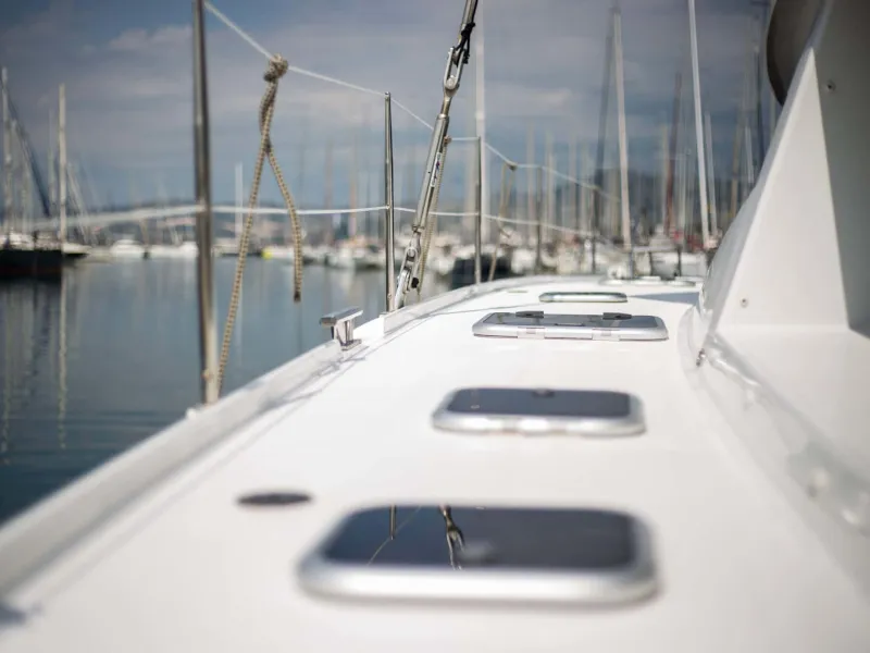 Deck of Princess Aphrodite, a Fountaine Pajot Saba 50 catamaran at Grad Trogir, Croatia