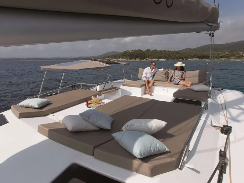 Deck of Princess Aphrodite, a Fountaine Pajot Saba 50 catamaran at Grad Trogir, Croatia