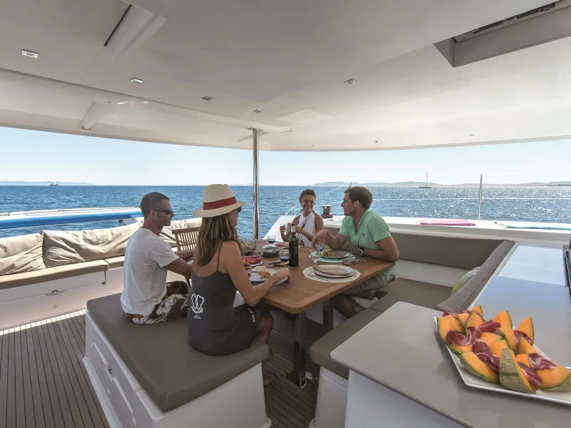 Deck of Princess Aphrodite, a Fountaine Pajot Saba 50 catamaran at Grad Trogir, Croatia
