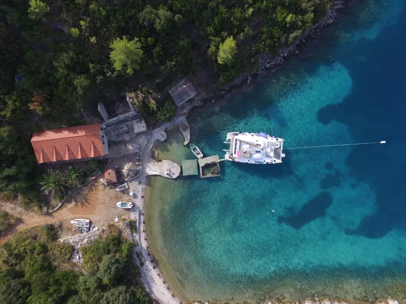 Exterior view of Princess Aphrodite, a Fountaine Pajot Saba 50 catamaran at Grad Trogir, Croatia