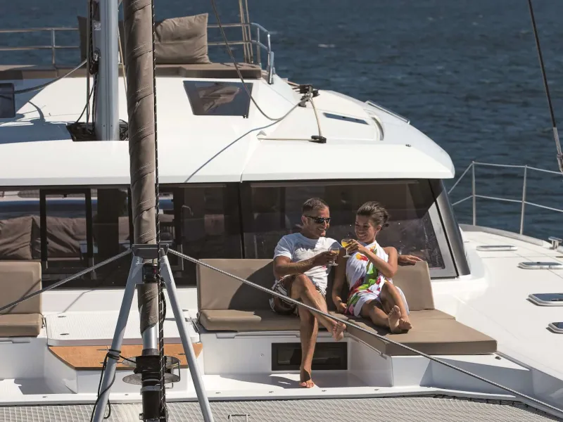 Deck of Princess Aphrodite, a Fountaine Pajot Saba 50 catamaran at Grad Trogir, Croatia
