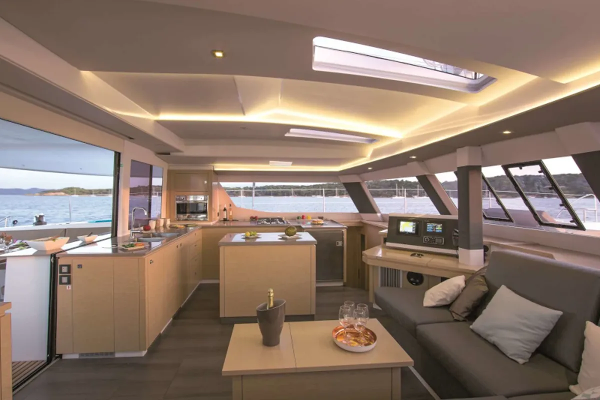 Salon of Princess Aphrodite, a Fountaine Pajot Saba 50 catamaran at Grad Trogir, Croatia