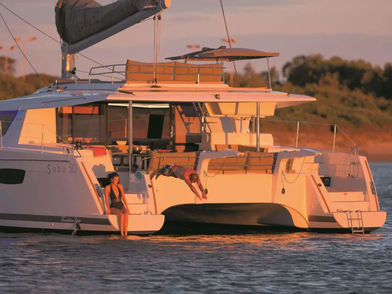 Exterior view of Princess Aphrodite, a Fountaine Pajot Saba 50 catamaran at Grad Trogir, Croatia