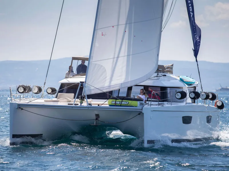 Exterior view of Princess Aphrodite, a Fountaine Pajot Saba 50 catamaran at Grad Trogir, Croatia