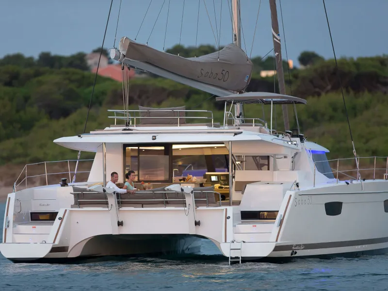 Exterior view of Princess Aphrodite, a Fountaine Pajot Saba 50 catamaran at Grad Trogir, Croatia