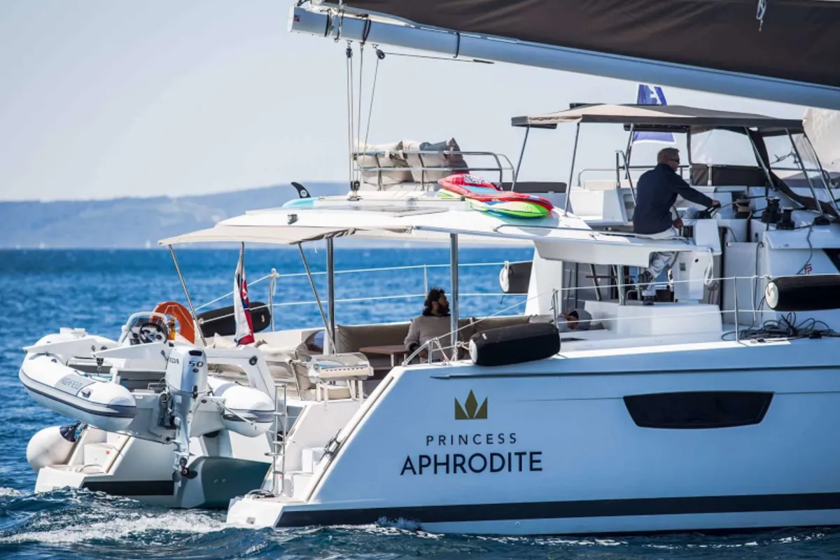 Exterior view of Princess Aphrodite, a Fountaine Pajot Saba 50 catamaran at Grad Trogir, Croatia