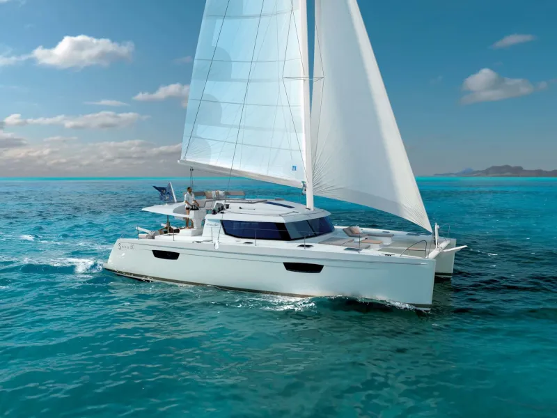 Exterior view of Princess Aphrodite, a Fountaine Pajot Saba 50 catamaran at Grad Trogir, Croatia