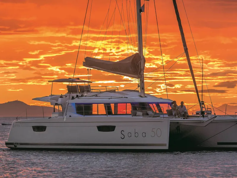 Exterior view of Princess Aphrodite, a Fountaine Pajot Saba 50 catamaran at Grad Trogir, Croatia