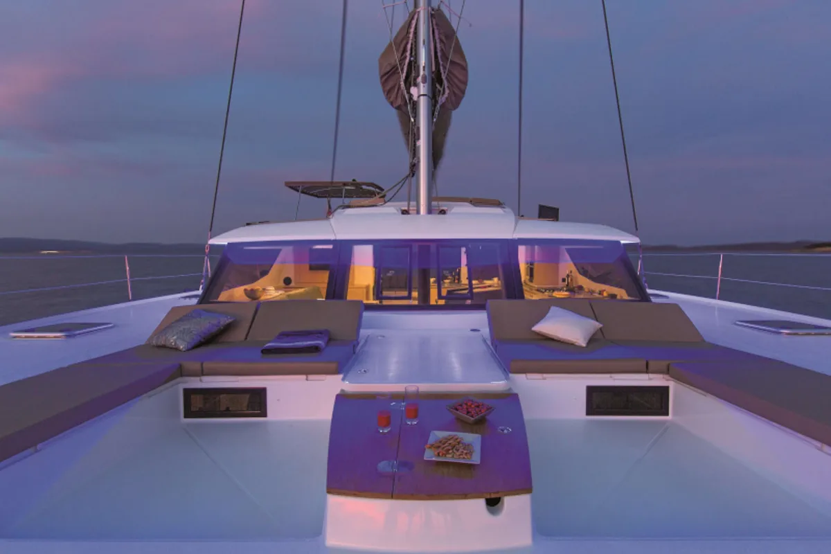 Deck of Princess Aphrodite, a Fountaine Pajot Saba 50 catamaran at Grad Trogir, Croatia