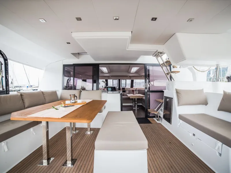 Deck of Princess Aphrodite, a Fountaine Pajot Saba 50 catamaran at Grad Trogir, Croatia