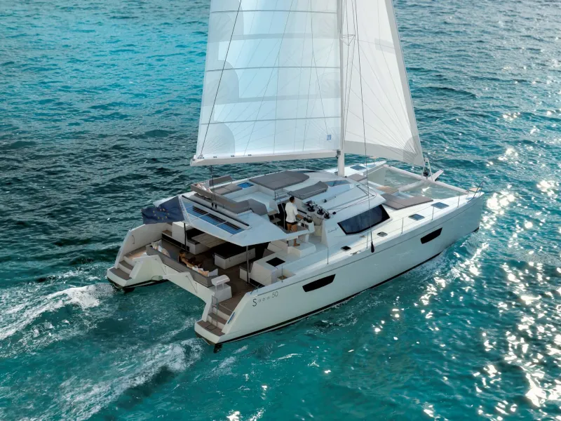 Exterior view of Princess Aphrodite, a Fountaine Pajot Saba 50 catamaran at Grad Trogir, Croatia