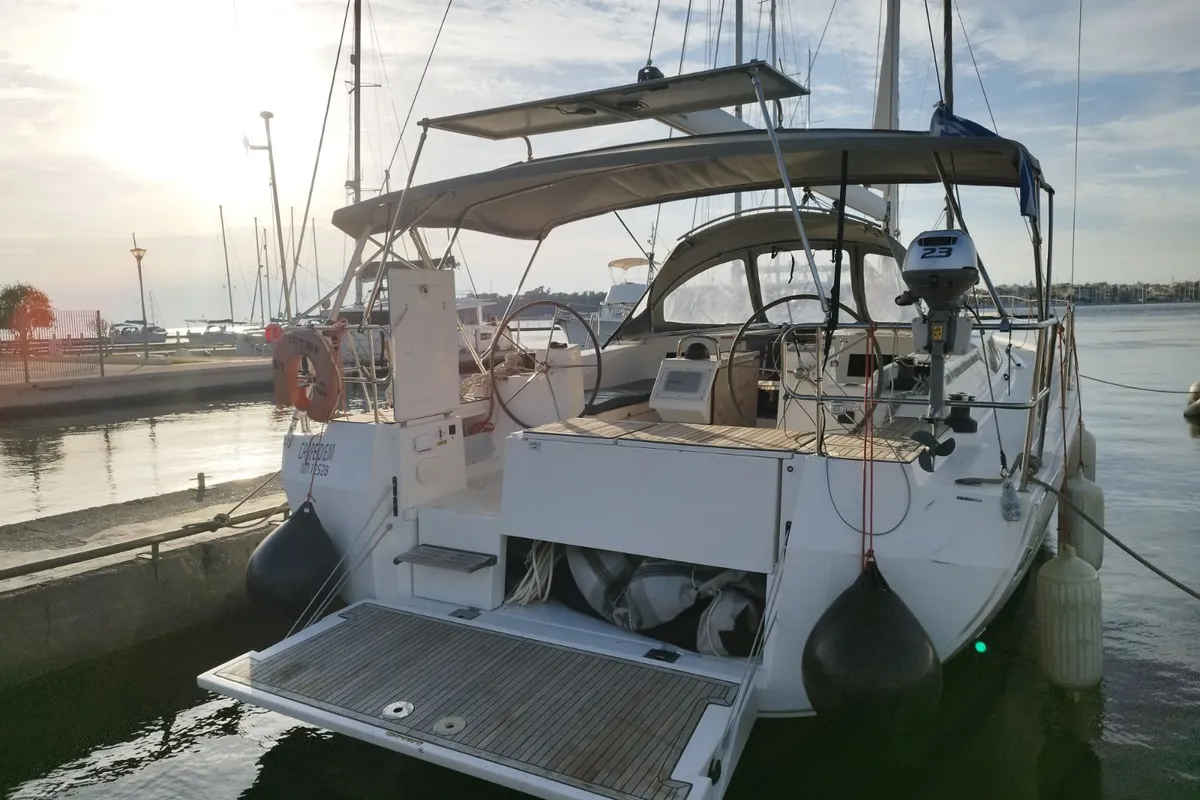 Exterior view of Carpe Diem, a Bavaria C45 sailboat at Municipal Unit of Lefkada, Greece
