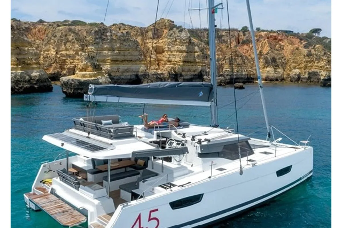Exterior view of Ozea, a Fountaine Pajot Elba 45 catamaran at Hyères, France
