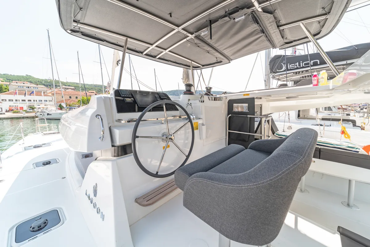 Cockpit of First Adventure, a Lagoon 42 catamaran at Skradin, Croatia