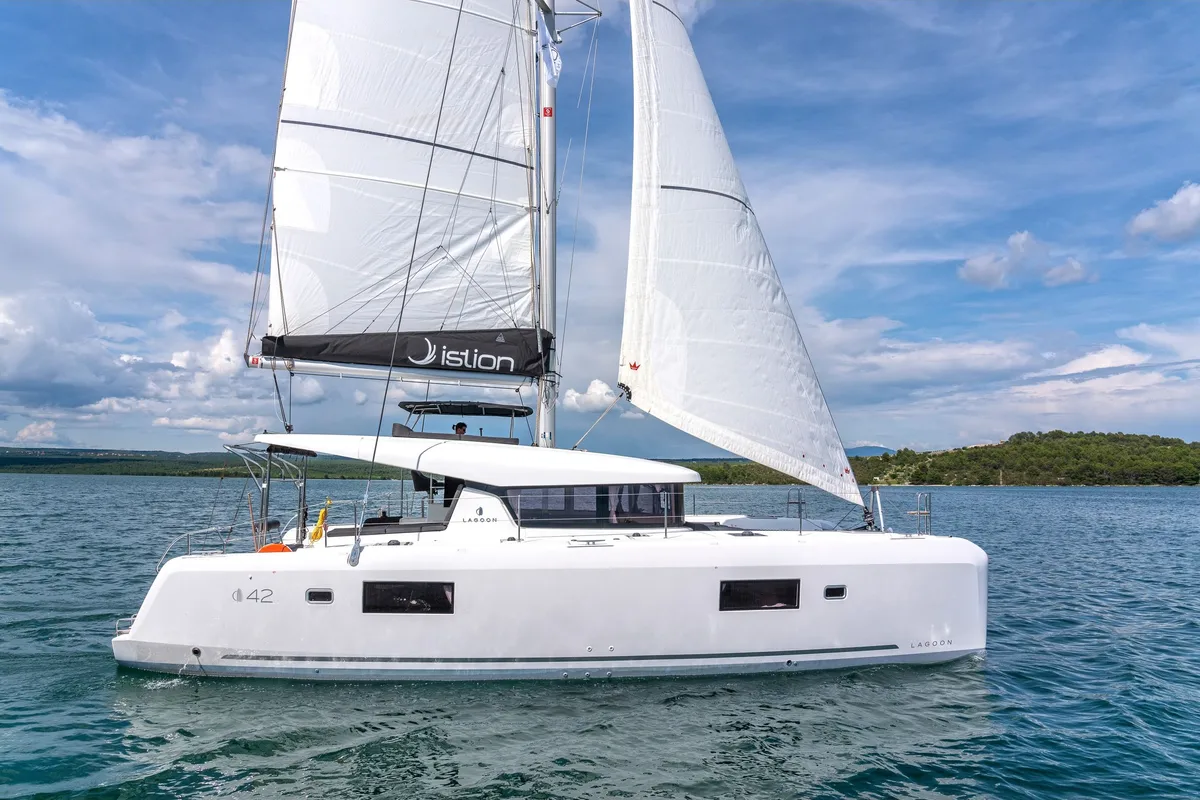 Exterior view of First Adventure, a Lagoon 42 catamaran at Skradin, Croatia
