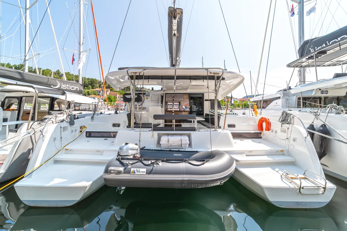 Exterior view of First Adventure, a Lagoon 42 catamaran at Skradin, Croatia