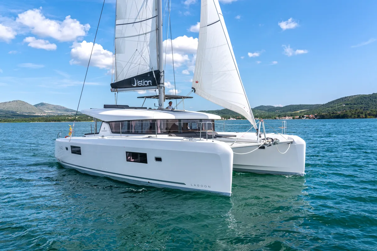Exterior view of First Adventure, a Lagoon 42 catamaran at Skradin, Croatia