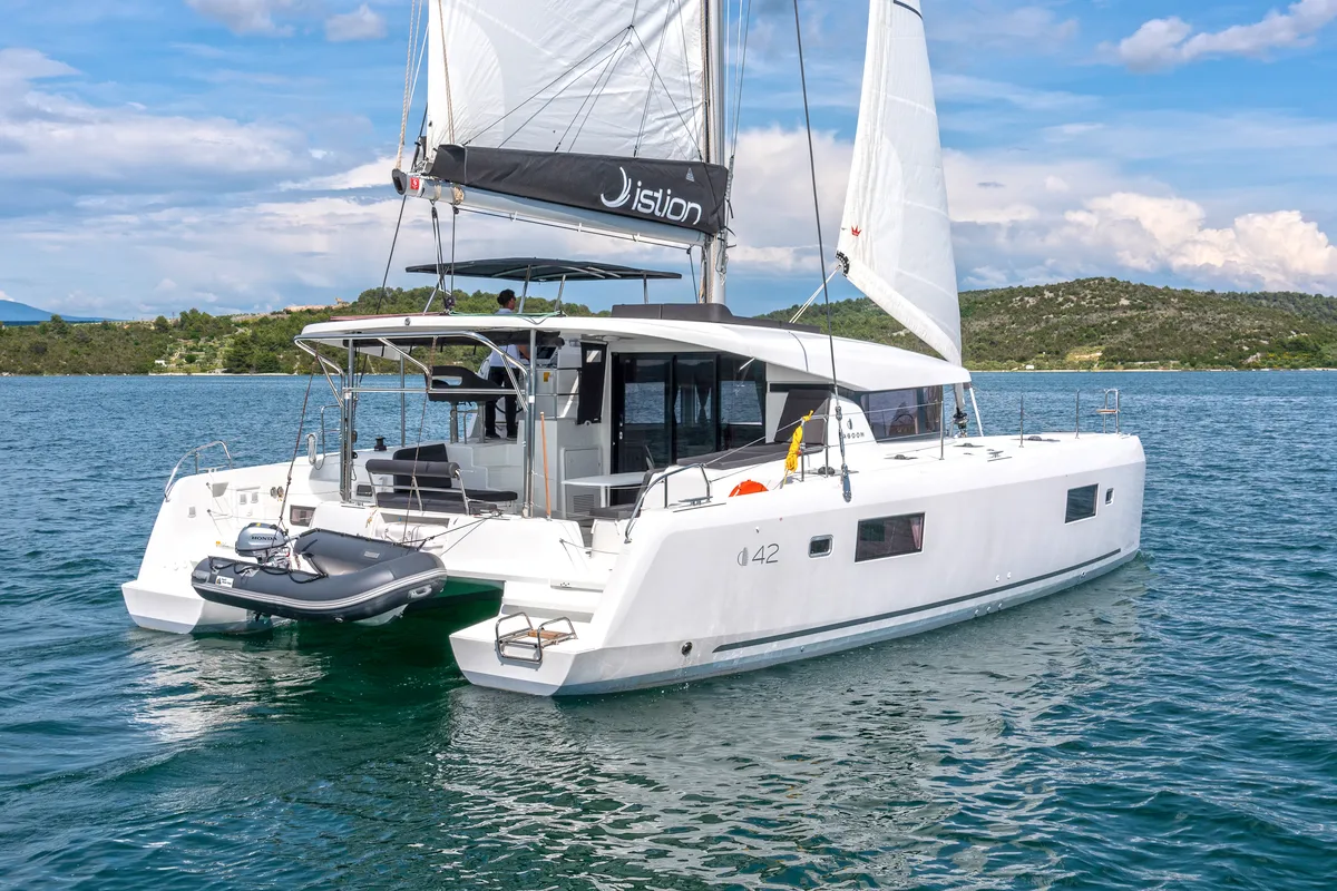 Exterior view of First Adventure, a Lagoon 42 catamaran at Skradin, Croatia