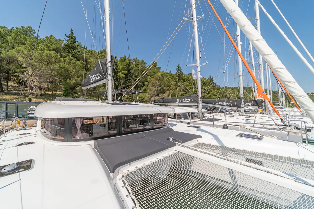 Deck of First Adventure, a Lagoon 42 catamaran at Skradin, Croatia