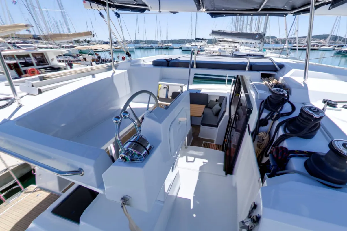 Cockpit of Magic Summer, a Fountaine Pajot Astréa 42 catamaran at Seget Donji, Croatia