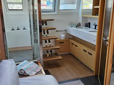 Salon of Lagoon Power 630, a catamaran at Sitges, Spain