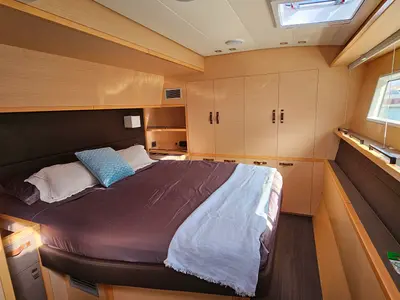 Cabin on Lagoon Power 630, a catamaran at Sitges, Spain