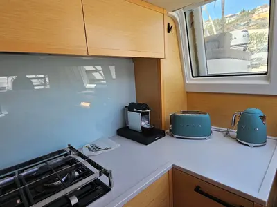 Galley of Lagoon Power 630, a catamaran at Sitges, Spain