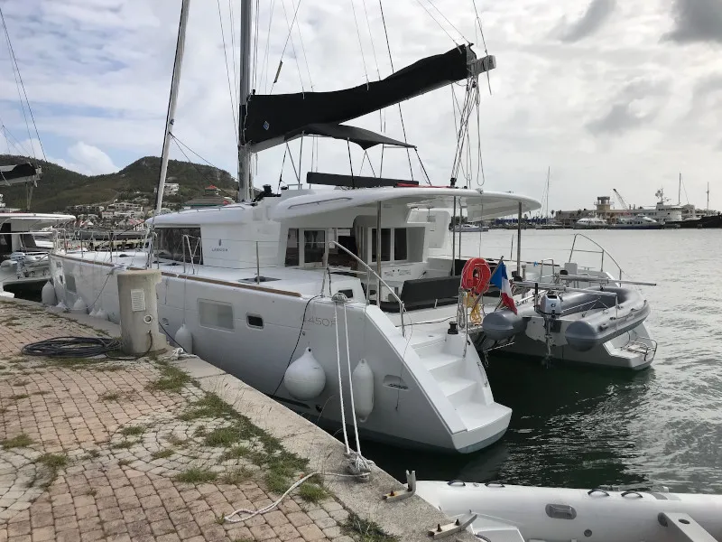 Exterior view of Fantasy, a Lagoon 450 catamaran at Preveza, Greece
