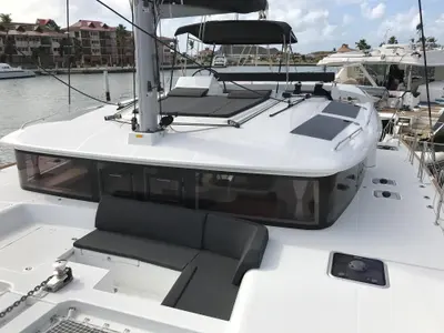 Deck of Fantasy, a Lagoon 450 catamaran at Preveza, Greece