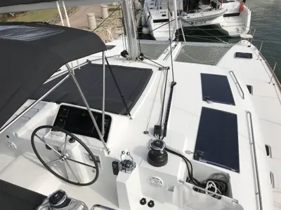 Cockpit of Fantasy, a Lagoon 450 catamaran at Preveza, Greece