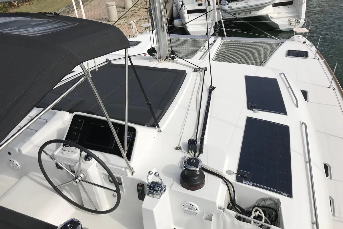 Cockpit of Fantasy, a Lagoon 450 catamaran at Preveza, Greece