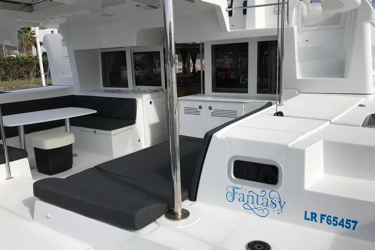Deck of Fantasy, a Lagoon 450 catamaran at Preveza, Greece