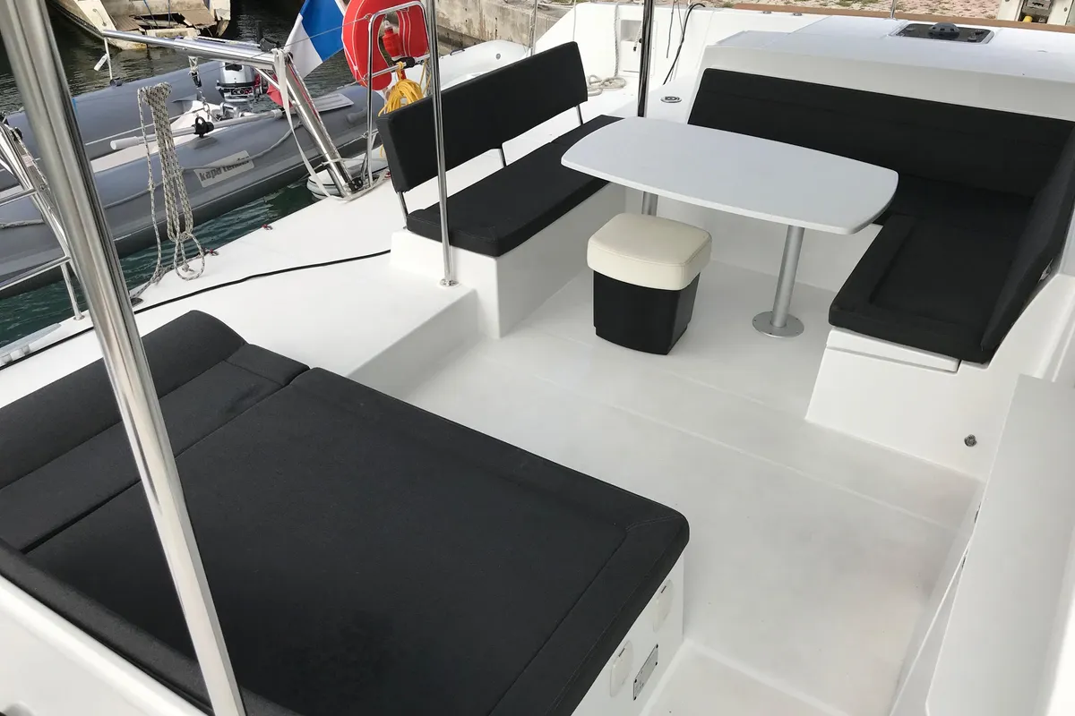 Deck of Fantasy, a Lagoon 450 catamaran at Preveza, Greece