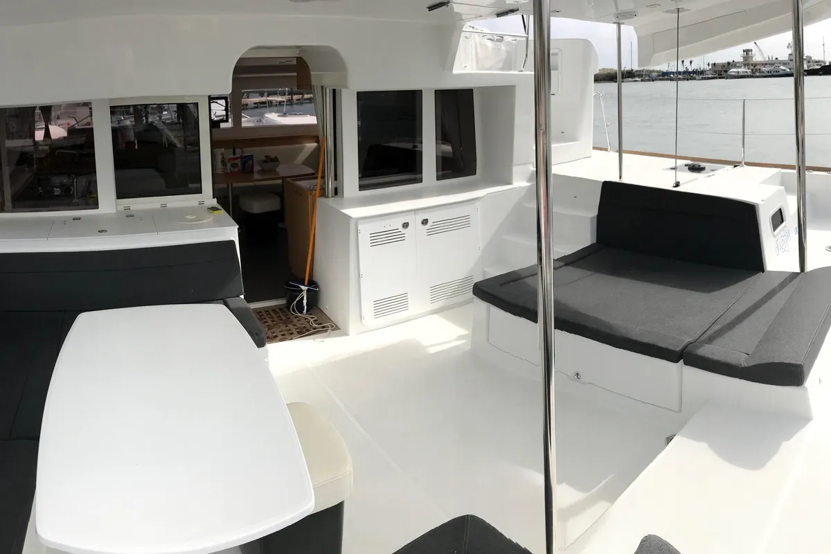Deck of Fantasy, a Lagoon 450 catamaran at Preveza, Greece