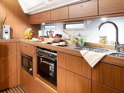 Galley of No Name, a Bavaria Cruiser 46 sailboat at Fethiye, Turkey