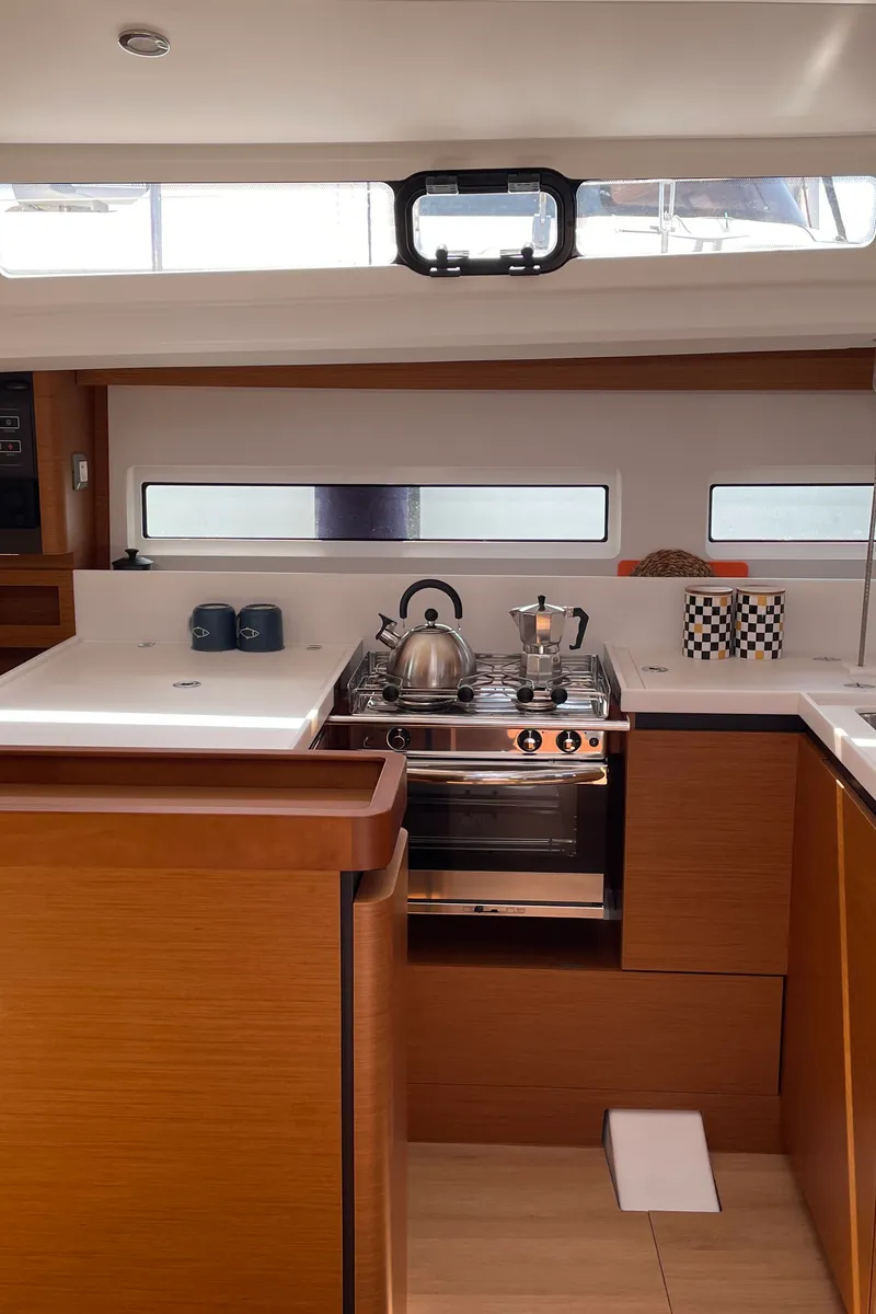 Salon of Ecstasea, a Jeanneau Sun Odyssey 440 sailboat at Lefkada, Greece