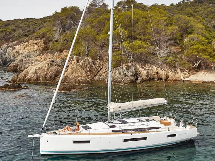Exterior view of Ecstasea, a Jeanneau Sun Odyssey 440 sailboat at Lefkada, Greece