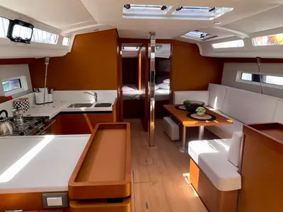 Galley of Ecstasea, a Jeanneau Sun Odyssey 440 sailboat at Lefkada, Greece