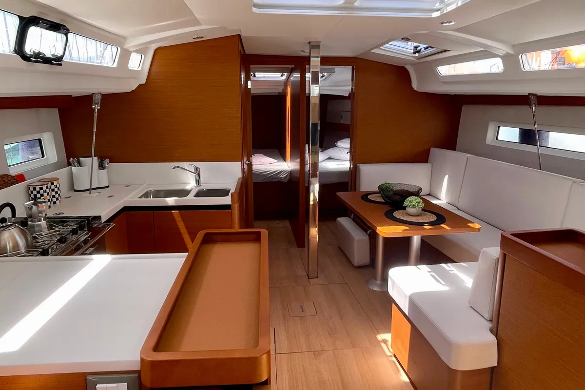 Galley of Ecstasea, a Jeanneau Sun Odyssey 440 sailboat at Lefkada, Greece